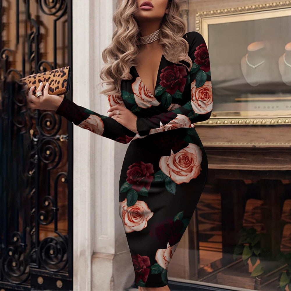 Long Sleeve Bodycon Elegant V-neck Slim Pencil Dress | Body Central