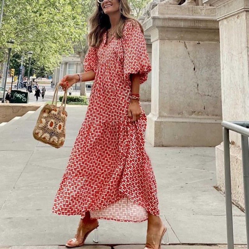 Puff Sleeve V-Neck Long Elegant Dress | Body Central