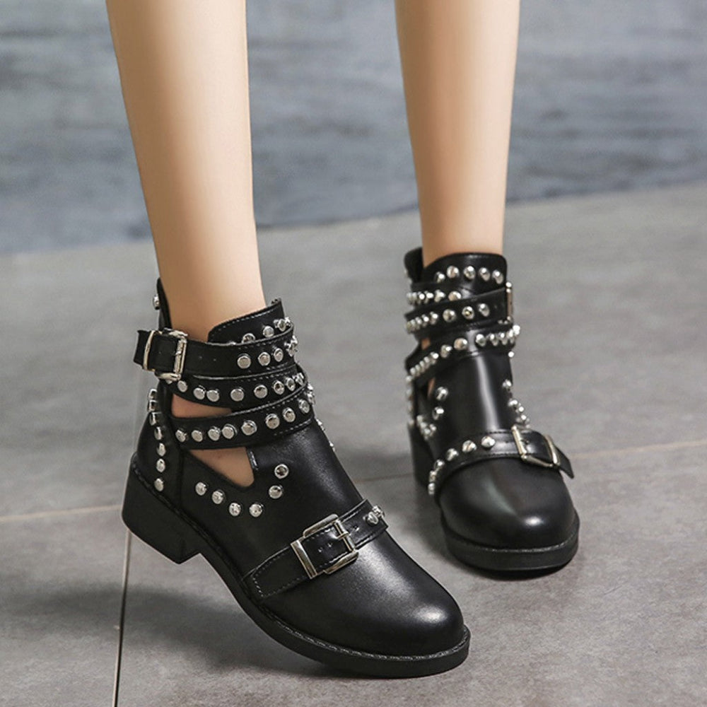 Retro Rivet Motorcycle Leather Heel Ankle Buckle Boots | Body Central