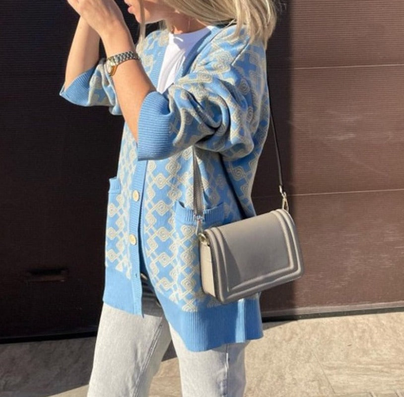 Buttons V-neck Checkered Knitted Long Sleeve Sweater Cardigan With Pocket - Body Central Store
