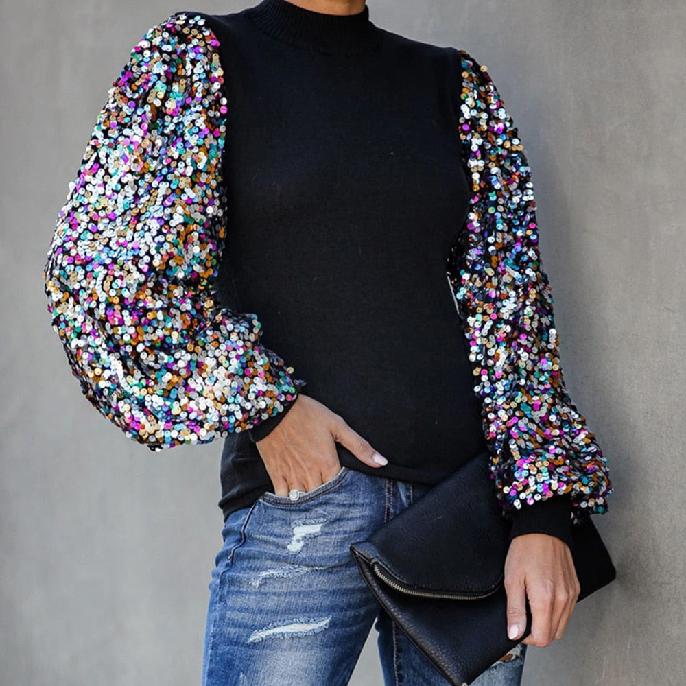 Sequins Long Puff Sleeve Turtleneck Blouse | Body Central