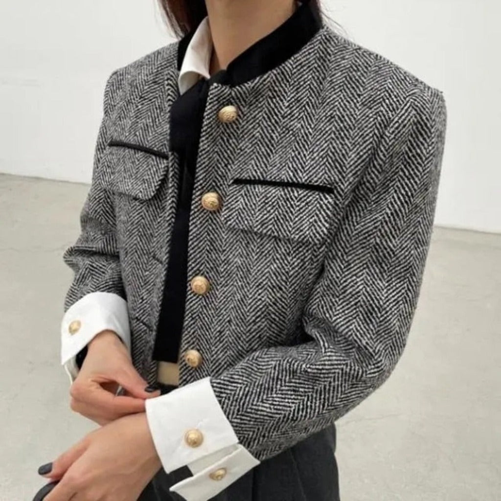 Metal Button Plaid Thin Cropped Pockets Long Sleeve Jacket - Body Central Store