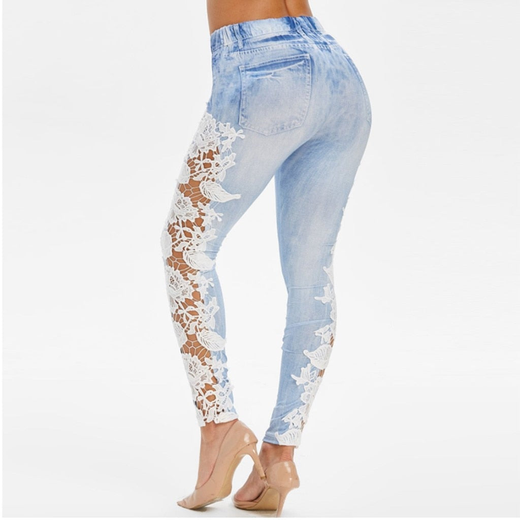 Side Lace Hollow Out Skinny Pencil Patchwork Denim Jeans Body Central