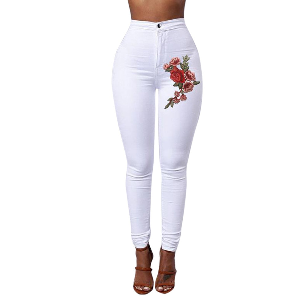 Skinny Floral Applique Elastic High Waist Stretch Slim Pencil Jeans - Body Central