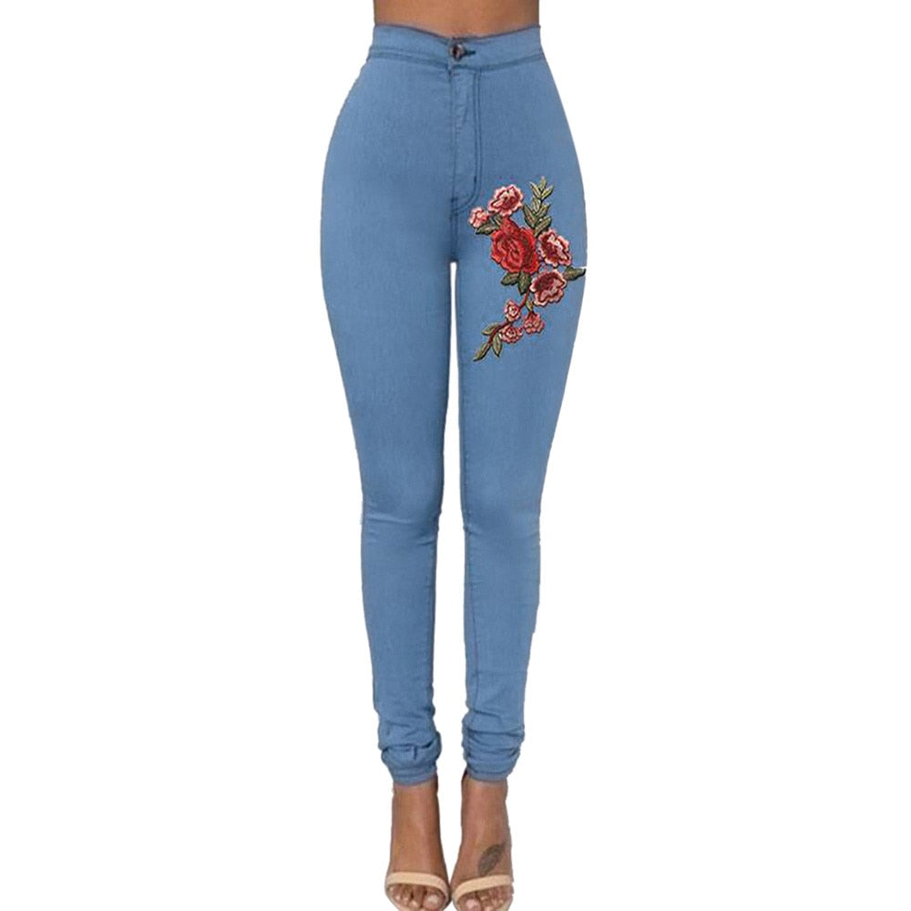 Skinny Floral Applique Elastic High Waist Stretch Slim Pencil Jeans - Body Central