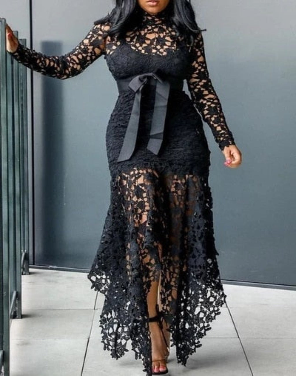 Straps Lace Mesh Perspective Fishtail Patchwork Midi Bodycon Dress - Body Central