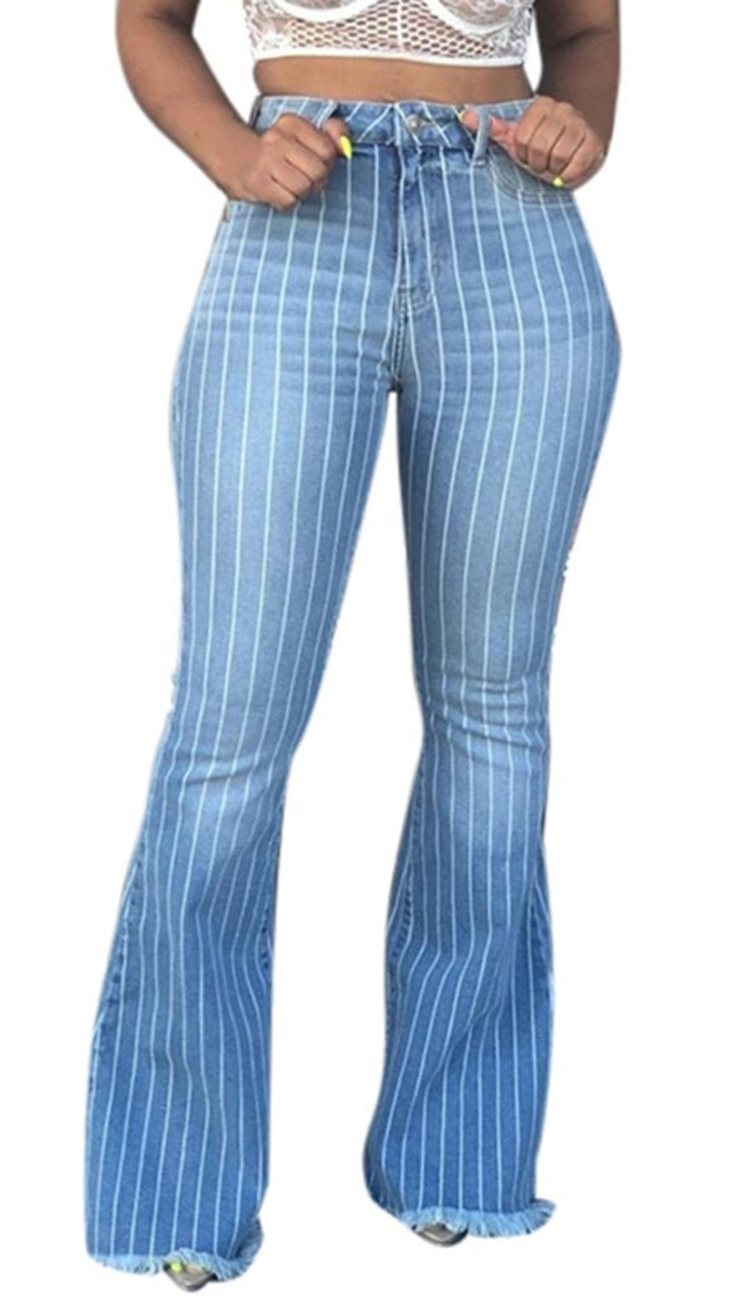 Flare Slim Stretchy Striped Denim Ruffles Tassel Jeans - Body Central