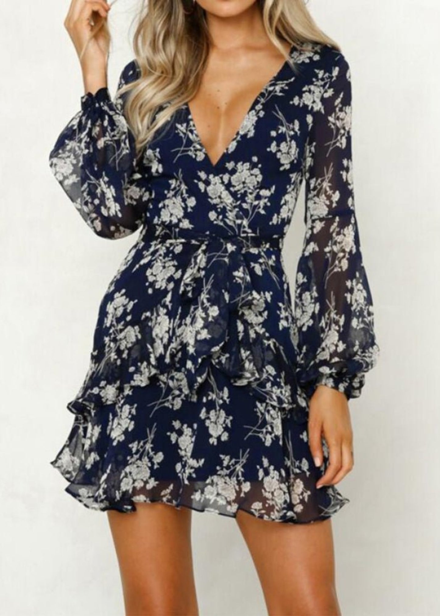 Floral Leaf Lantern Sleeve Empire Mini Dress - Body Central