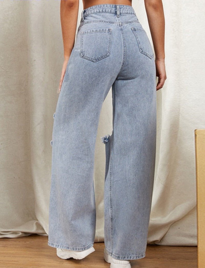 Cotton Denim Hole Washed Wide Leg Jeans - Body Central