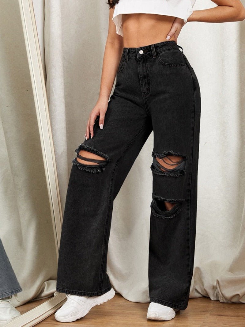 Cotton Denim Hole Washed Wide Leg Jeans - Body Central