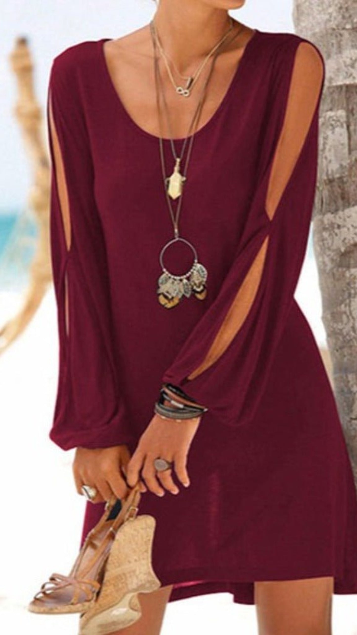 Hollow Out Lantern Sleeve O Neck Loose Straight Dress - Body Central