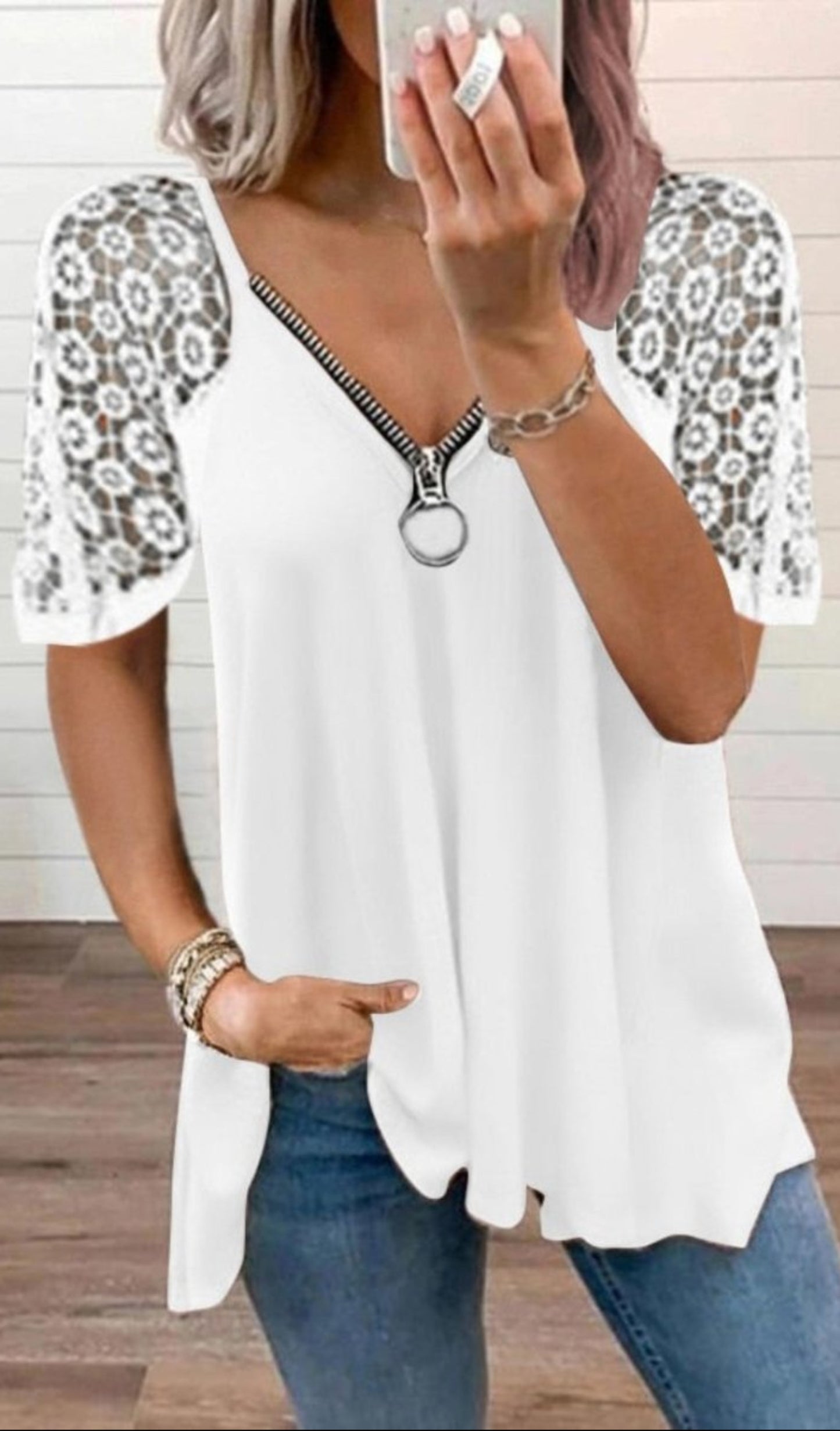 Lace Patchwork Short Sleeve Zipper V Neck Loose Shirt - Body Central