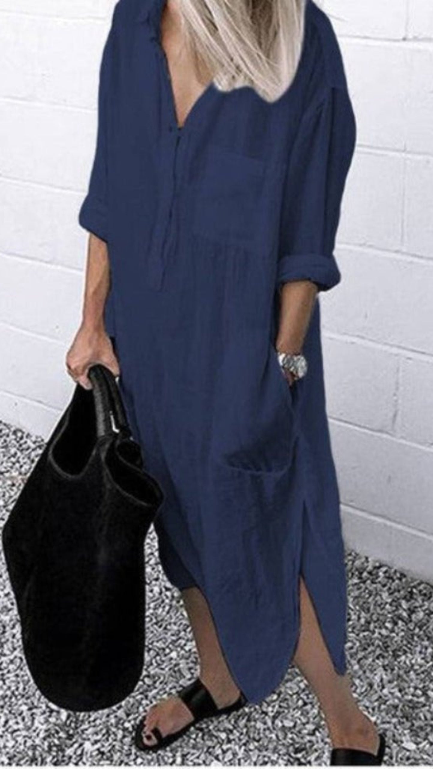 Lapel Button Long Sleeve Side Split Shirt Dress - Body Central