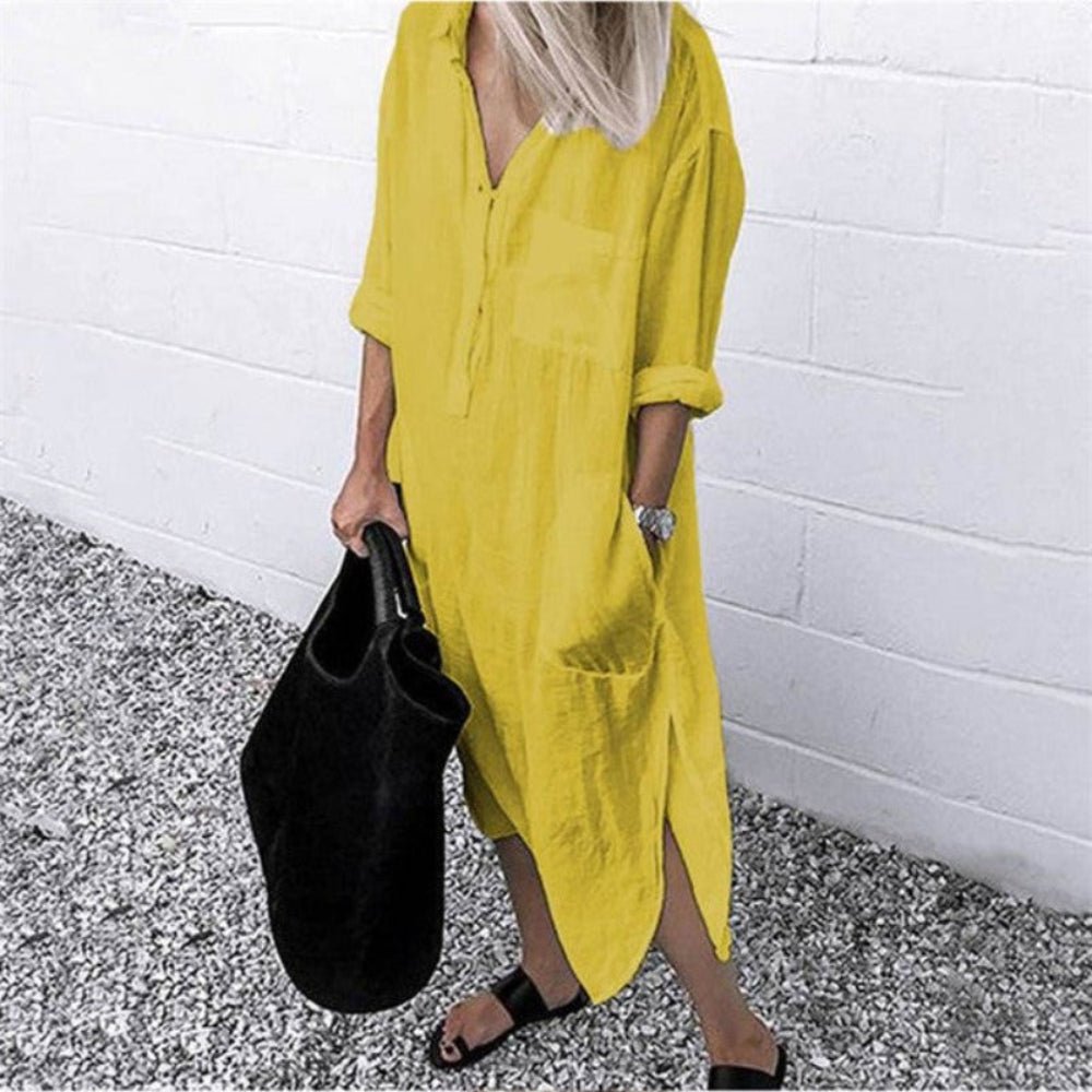 Lapel Button Long Sleeve Side Split Shirt Dress - Body Central