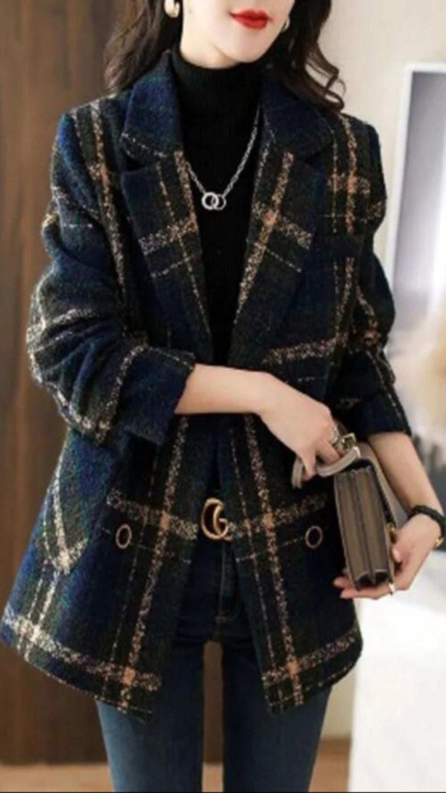 Plaid Slim Double Breasted Woolen Coat - Body Central