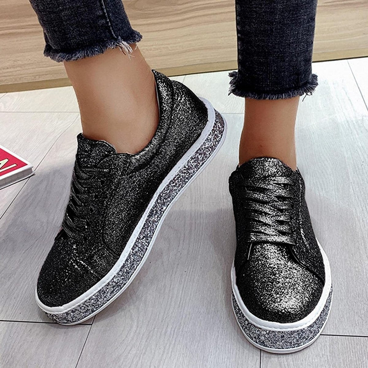 Platform Glitter Sequin Lace Up Chunky Bottom Slip On Leather Sneakers - Body Central
