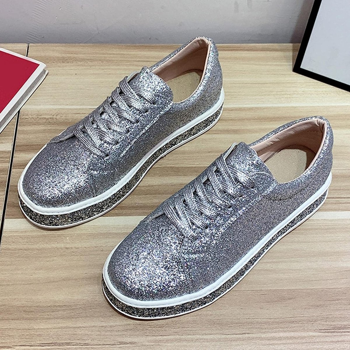 Platform Glitter Sequin Lace Up Chunky Bottom Slip On Leather Sneakers - Body Central