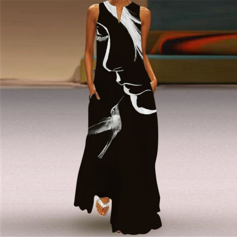 Printed Sleeveless Long Dress - Body Central Store
