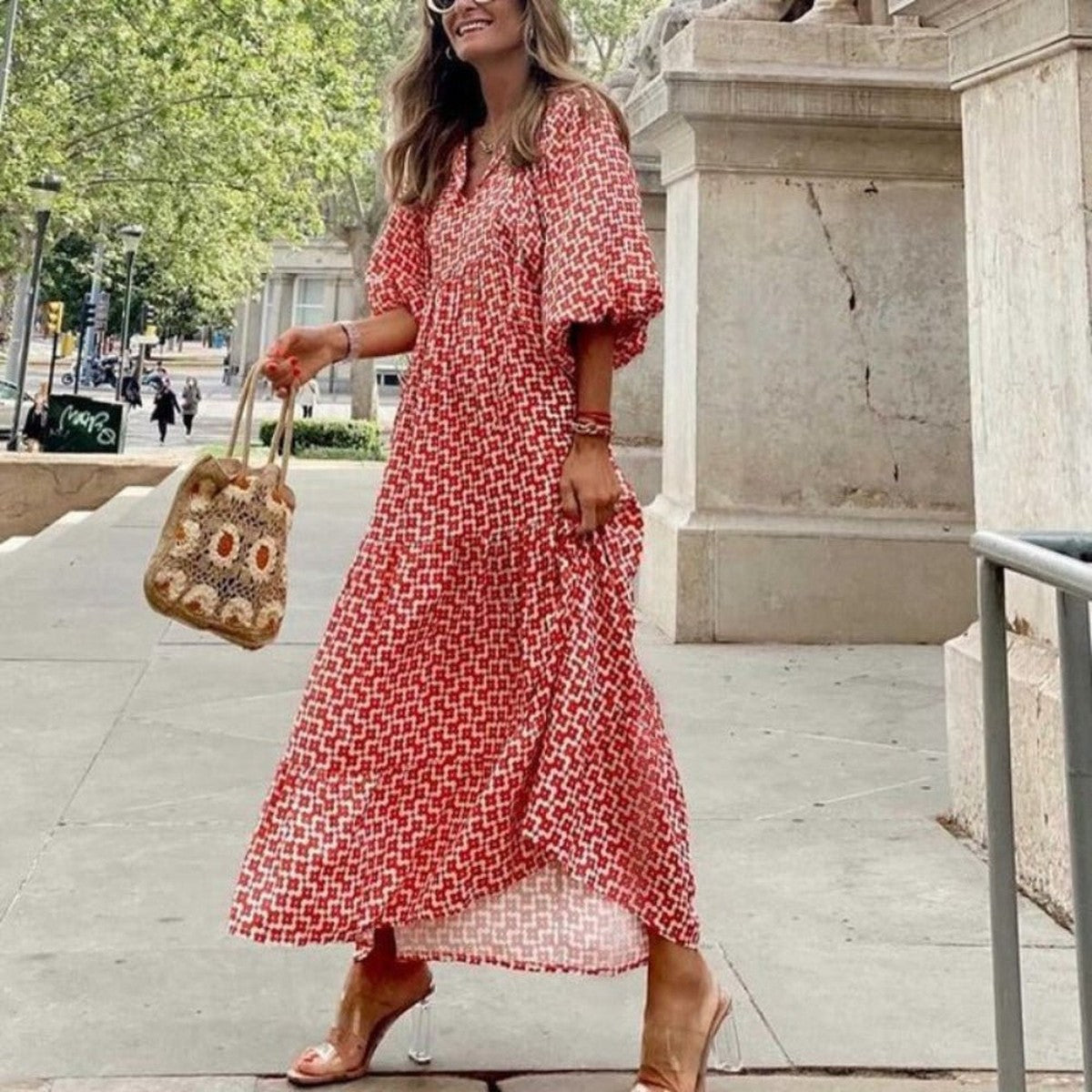 Puff Sleeve V - Neck Long Elegant Dress - Body Central