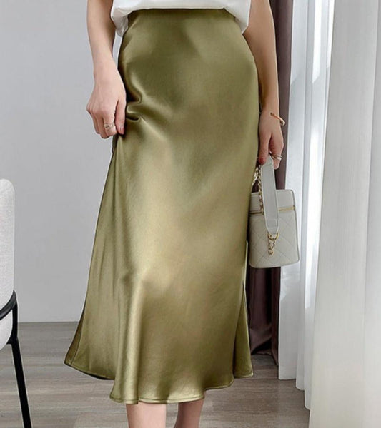 Satin Silk Midi A - line Long High Waist Skirt - Body Central
