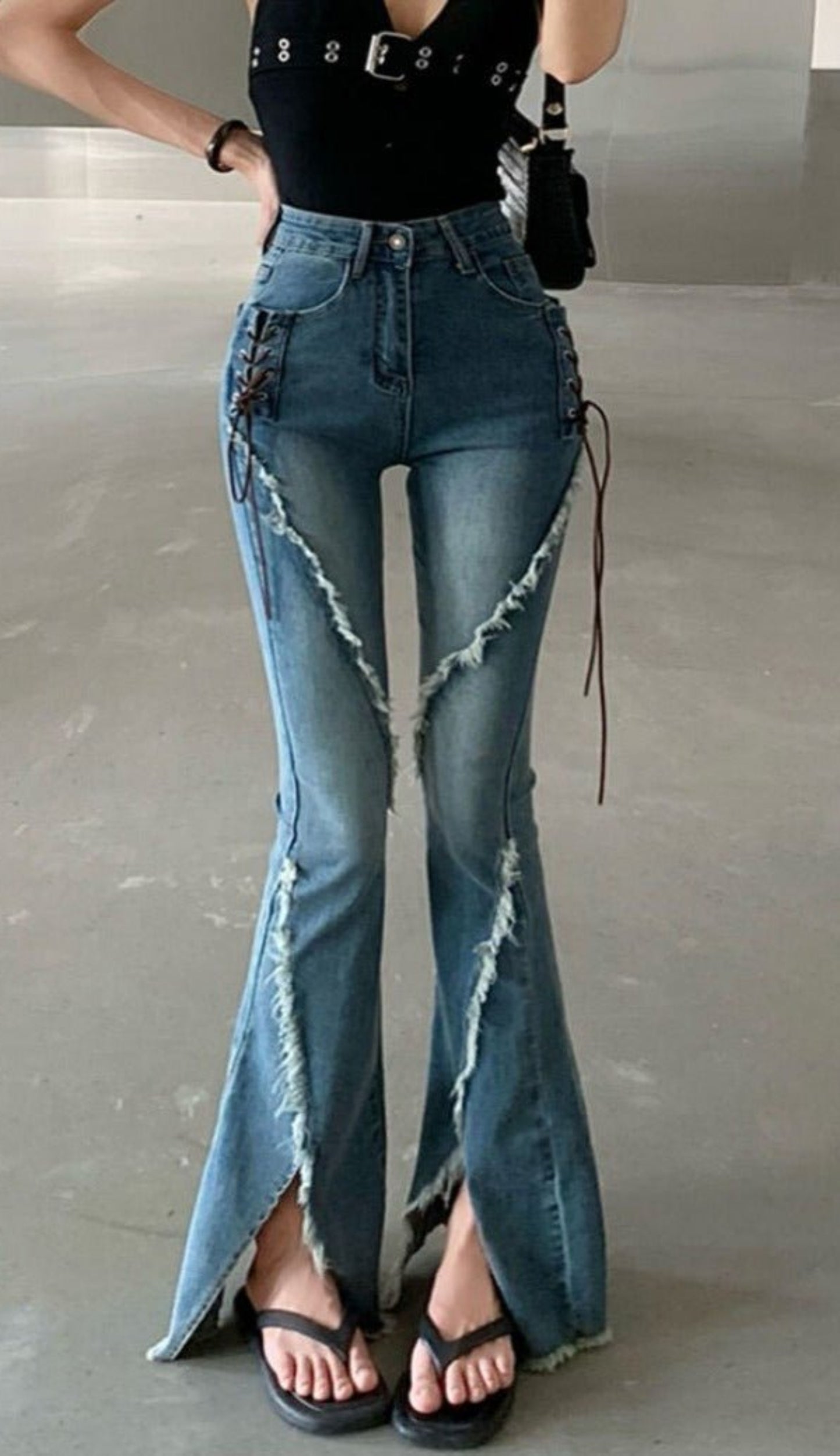 Slit Raw Edge Strappy Flared High Waist Jeans - Body Central