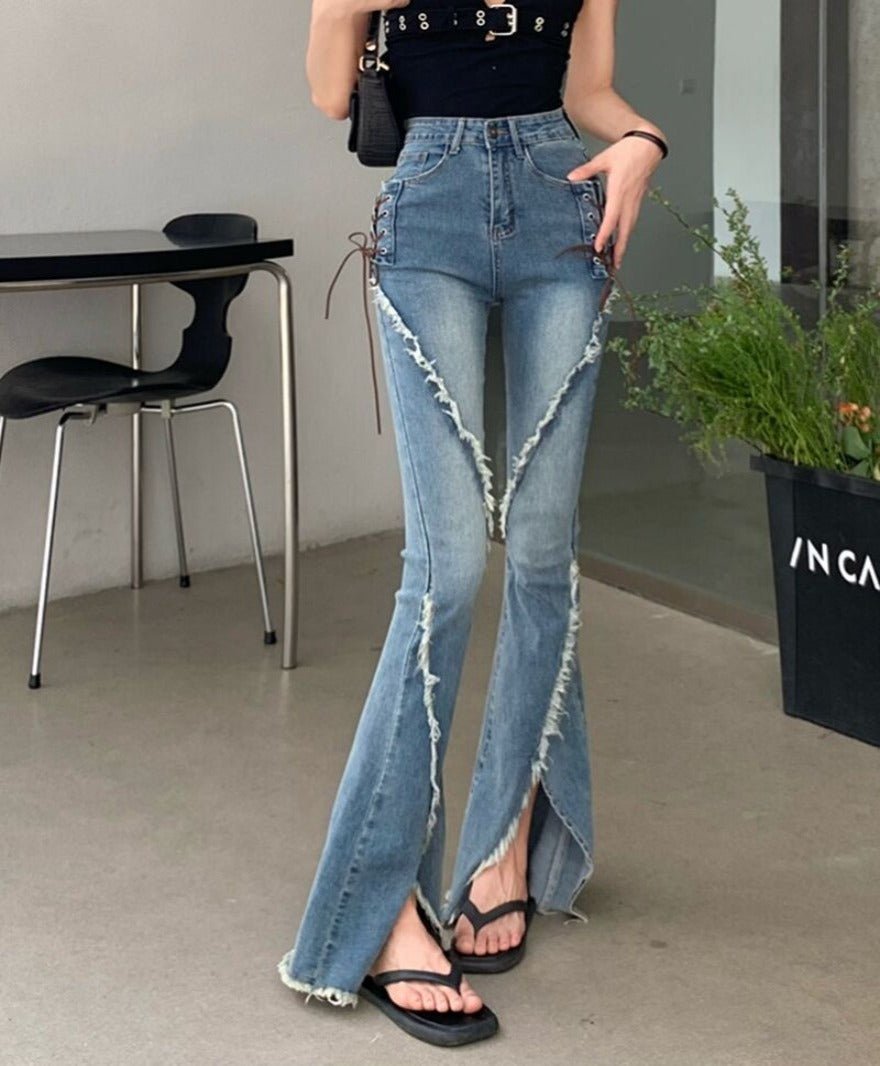 Slit Raw Edge Strappy Flared High Waist Jeans - Body Central