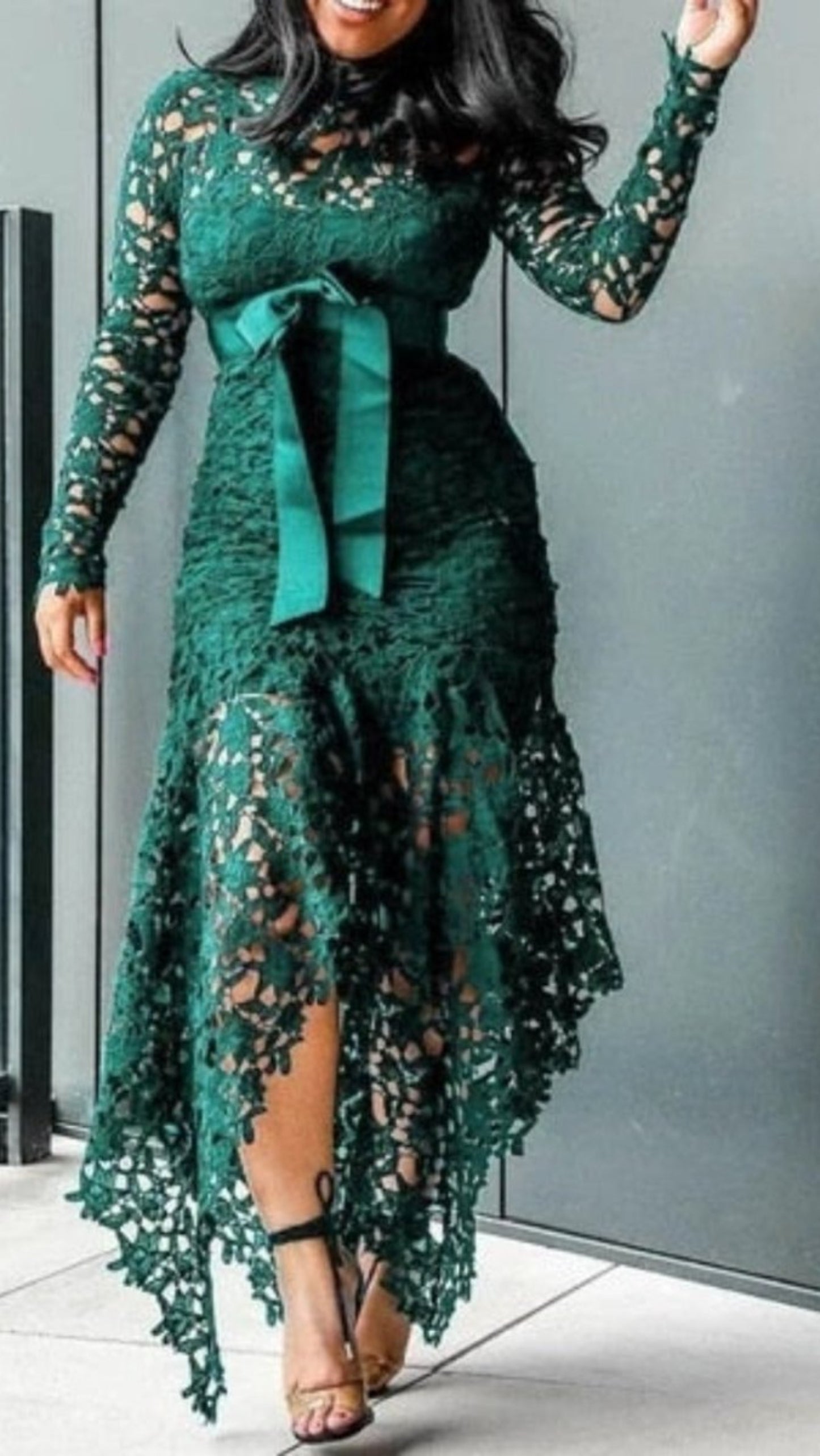 Straps Lace Mesh Perspective Fishtail Patchwork Midi Bodycon Dress - Body Central