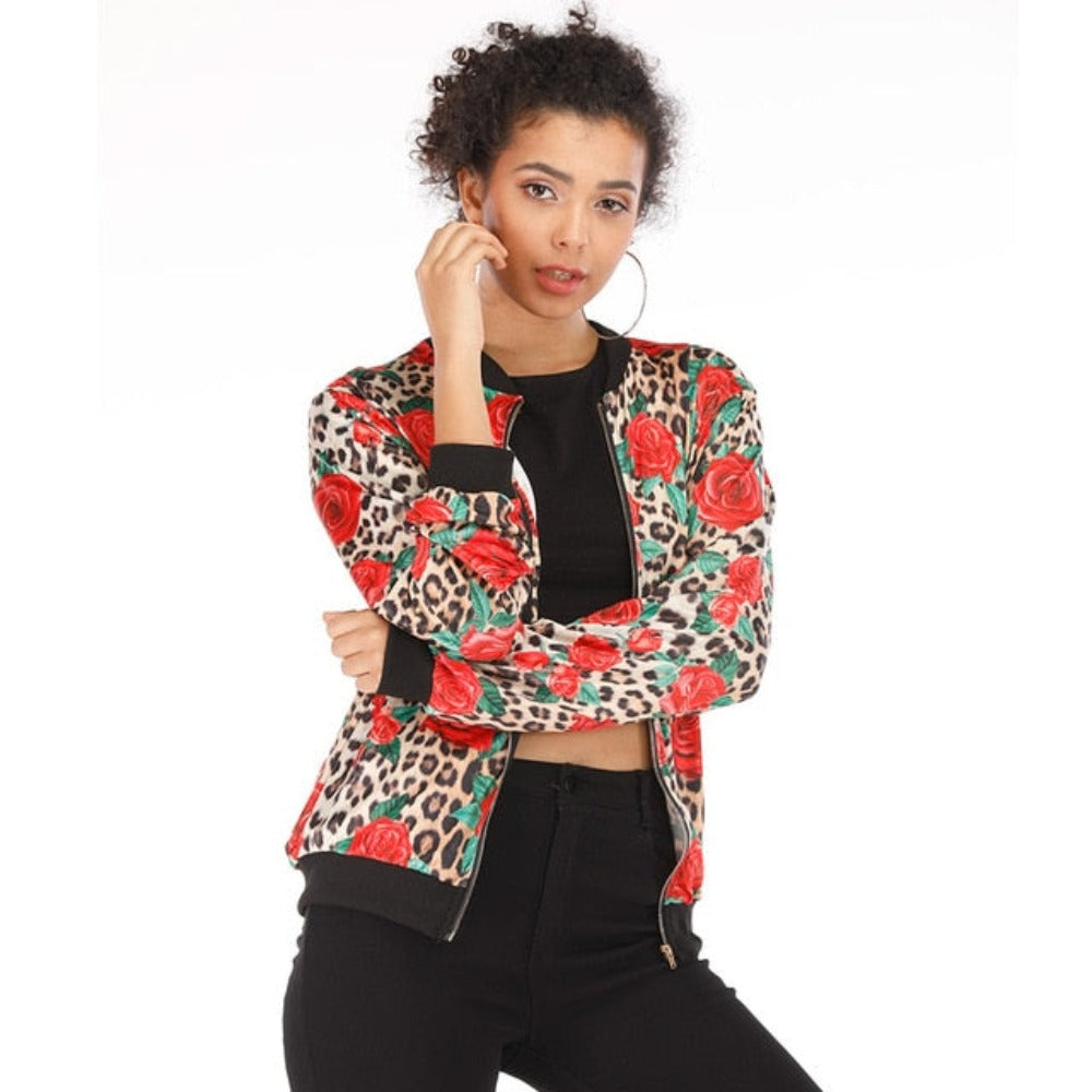 Leopard Women's Short Coat Zipper Long Sleeve Polka Bomber Jacket - Body Central Store