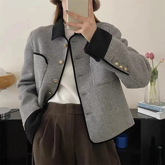 Wool Tweed Spliced Elegant Long Sleeve Single Breasted Jacket - Body Central