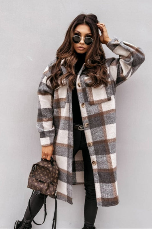 Woolen Plaid Print Retro Coat - Body Central