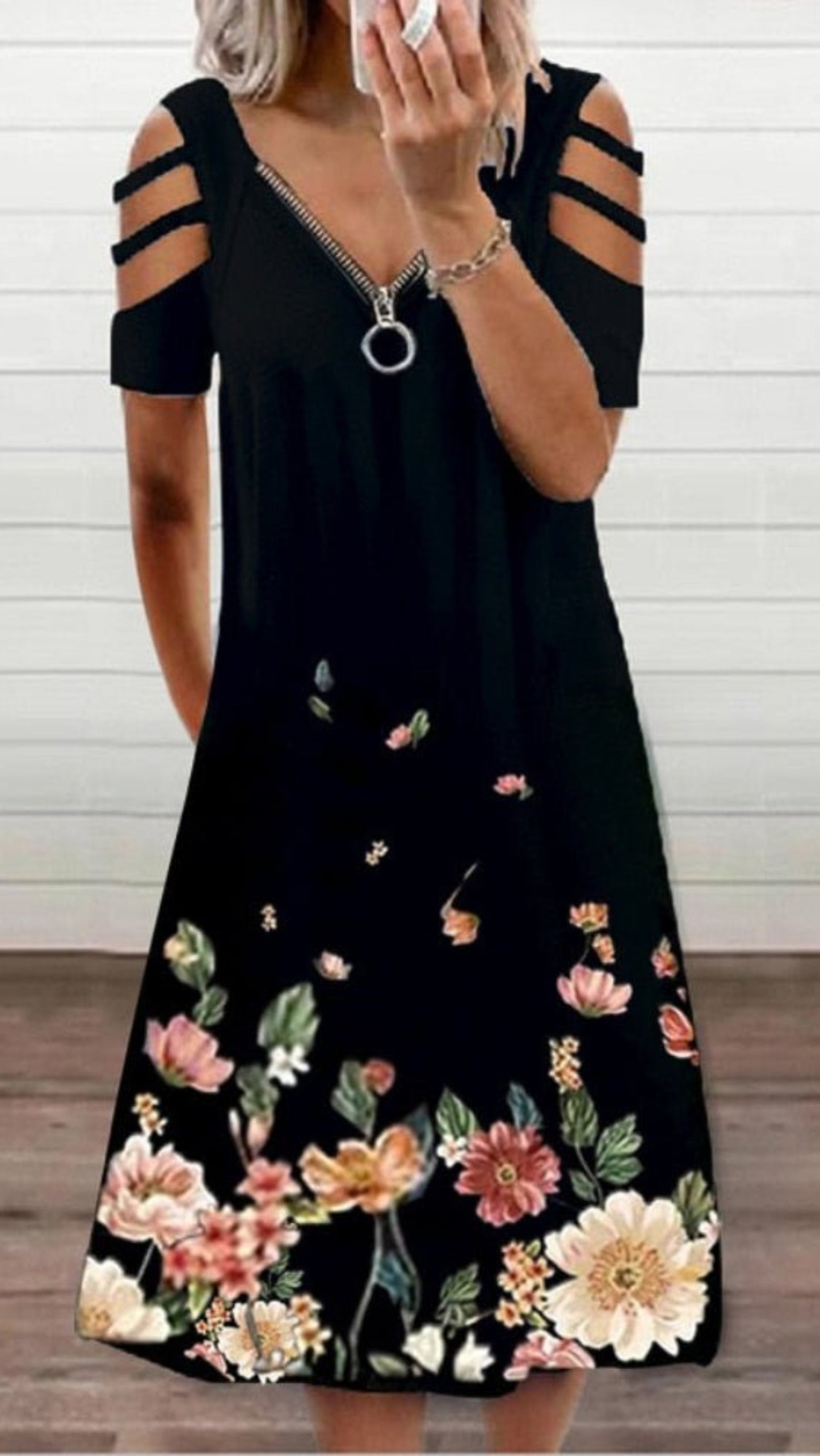 Zipper Floral Short Sleeve V Neck Hollow Out Dress - Body Central