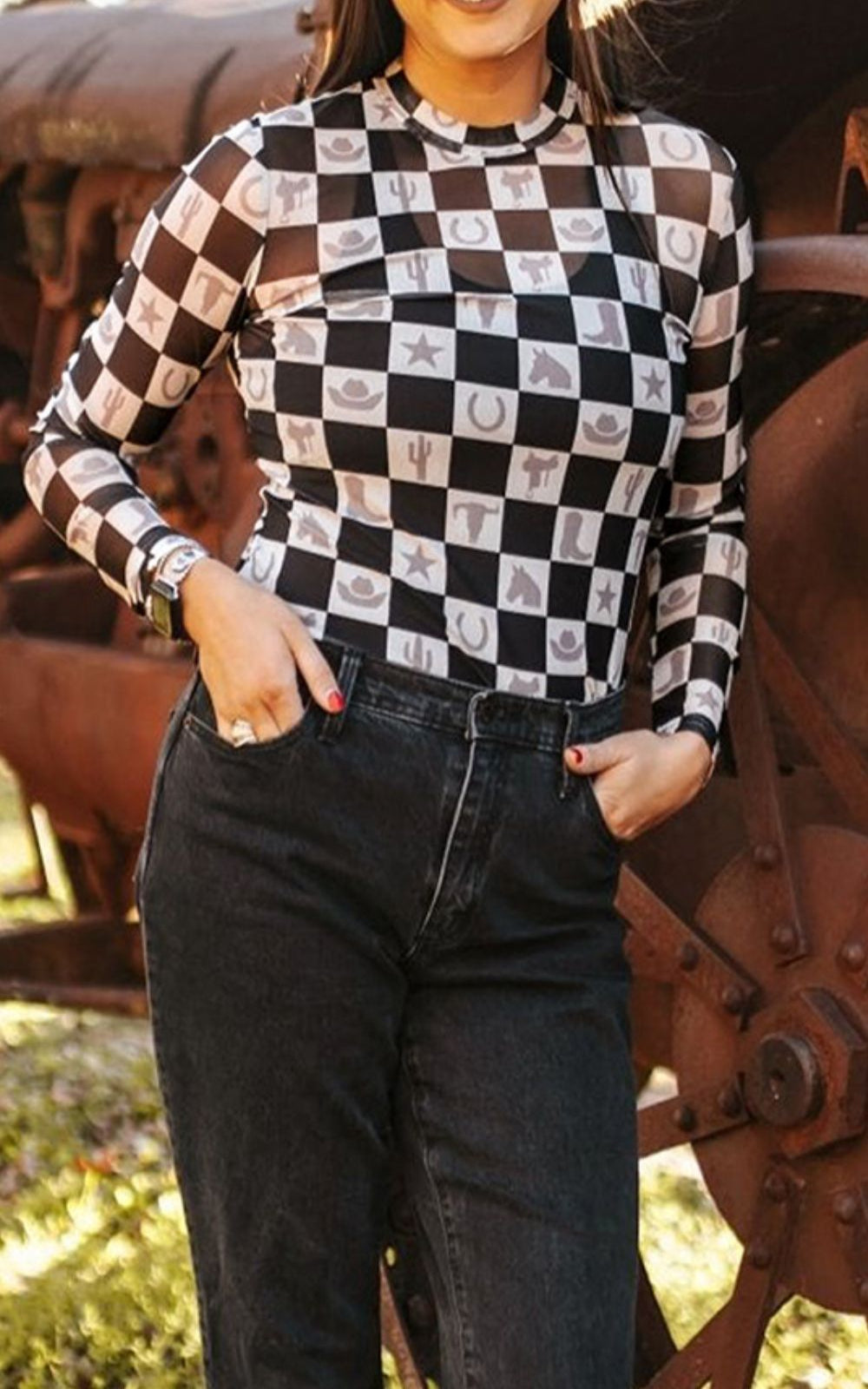 Checkered Mock Neck Long Sleeve Top - Body Central Store