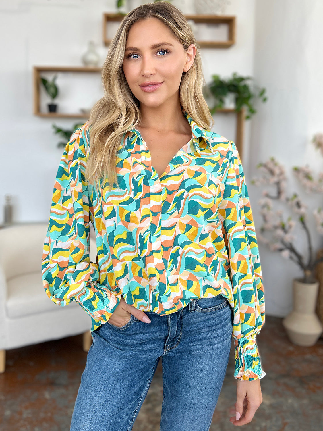 Full Size Printed Smocked Long Sleeve Blouse - Body Central Store