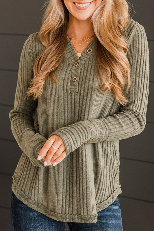 Ribbed Buttoned Long Sleeve Blouse - Body Central Store