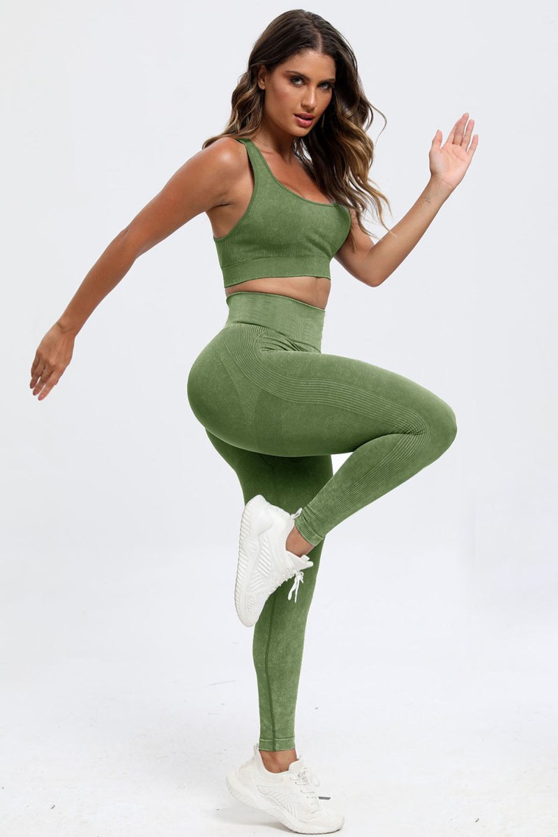 3 Piece Washed Square Neck Wide Strap Active Set - Body Central