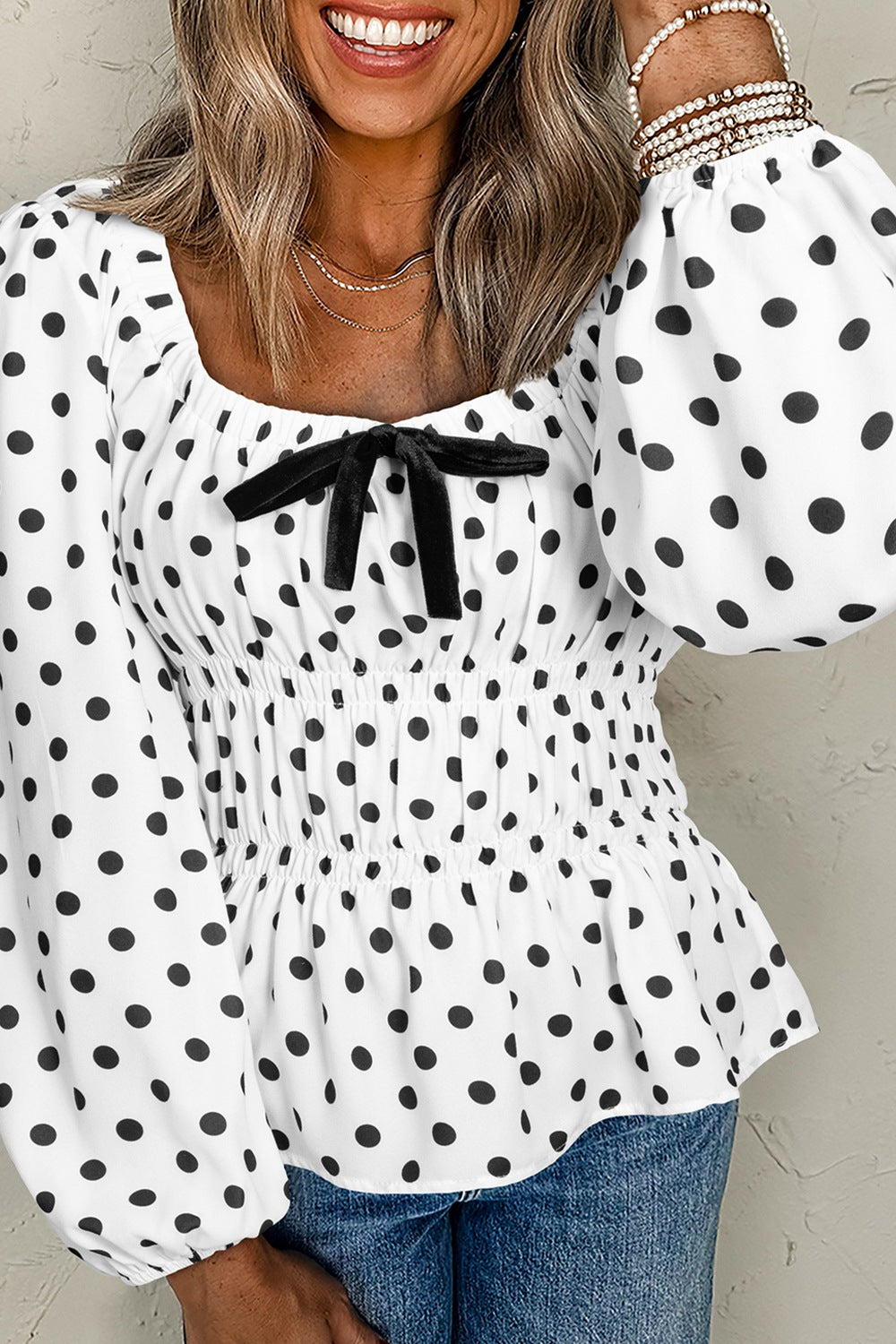 Bow Polka Dot Square Neck Long Sleeve Blouse - Body Central Store
