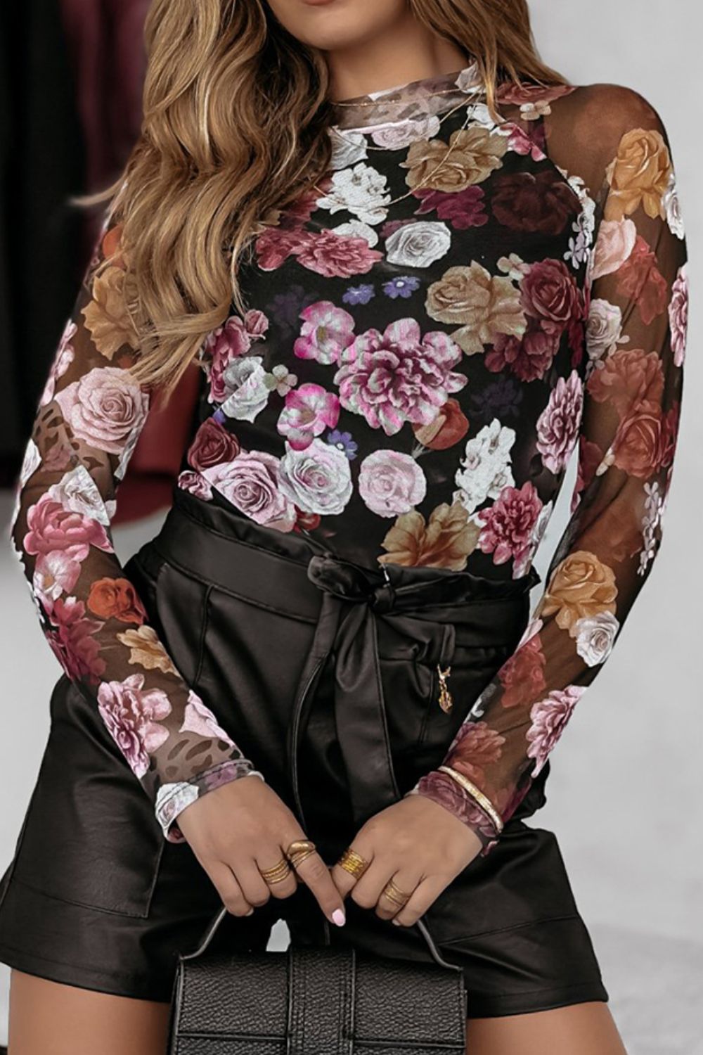 Floral Mock Neck Long Sleeve Mesh Top - Body Central Store