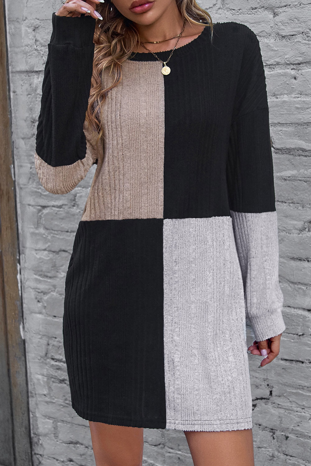 Color Block Drop Shoulder Long Sleeve Mini Dress - Body Central Store