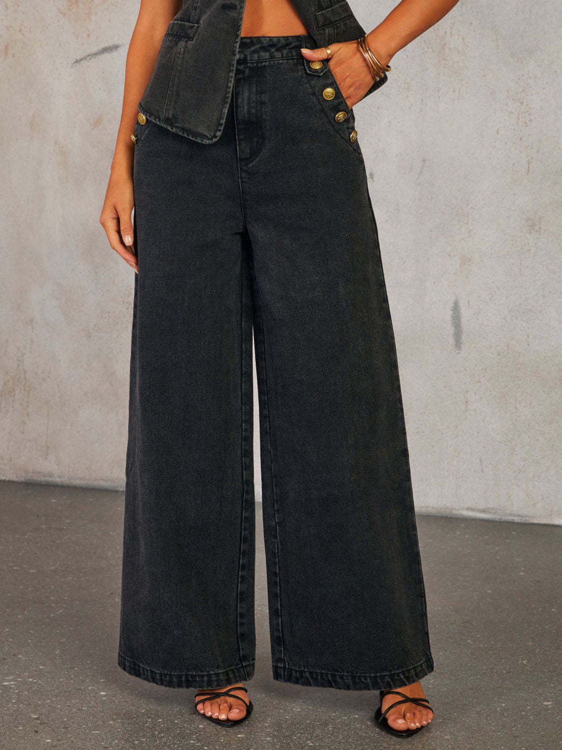 Button Down Vest and Wide Leg Jeans Denim Set | Body Central