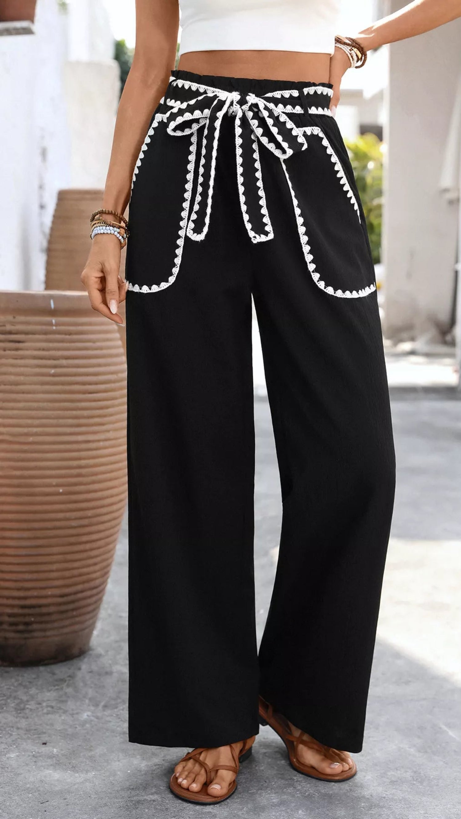 Crochet Trim Tie Waist Wide Leg Pants | Body Central