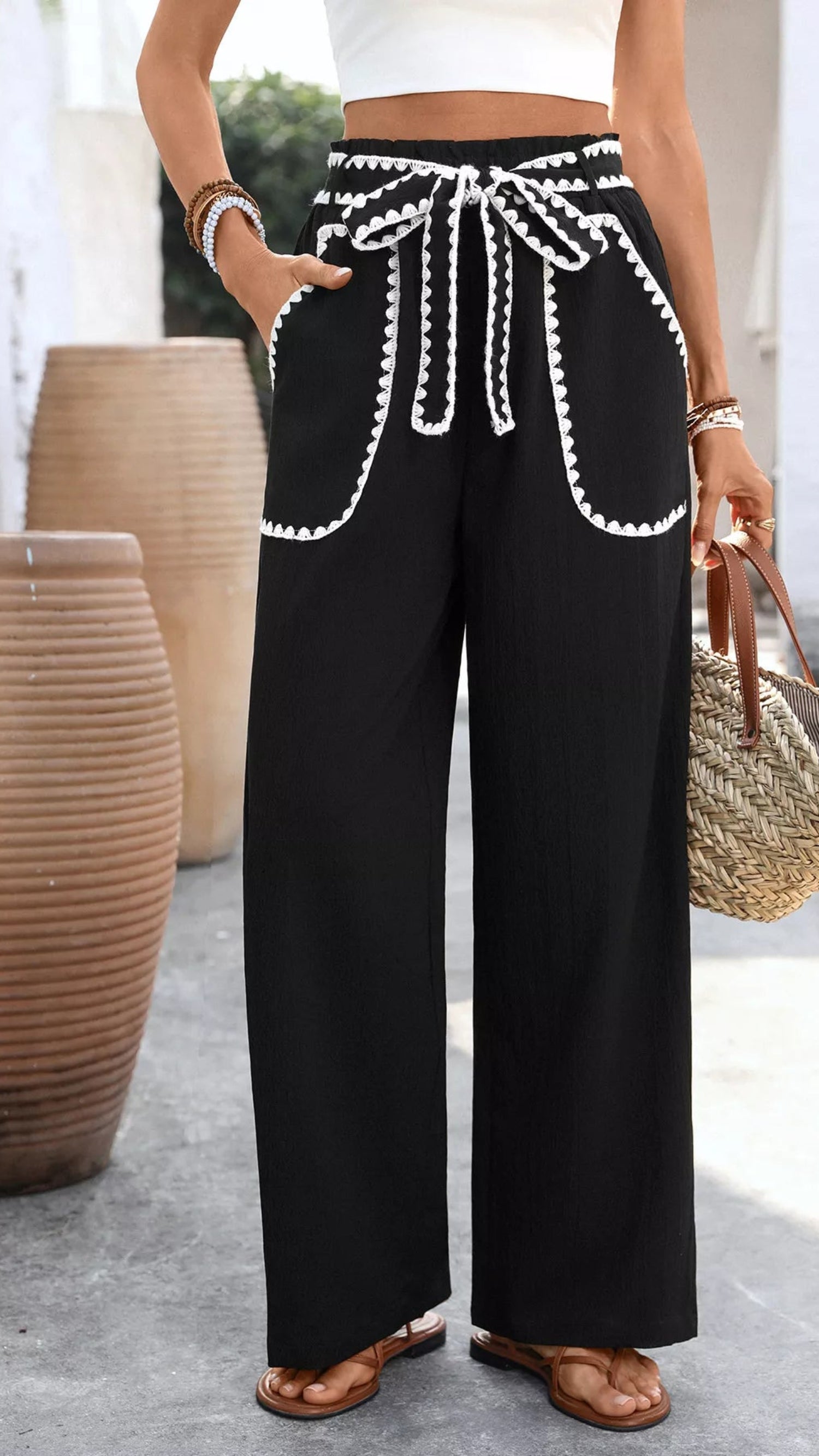 Crochet Trim Tie Waist Wide Leg Pants | Body Central