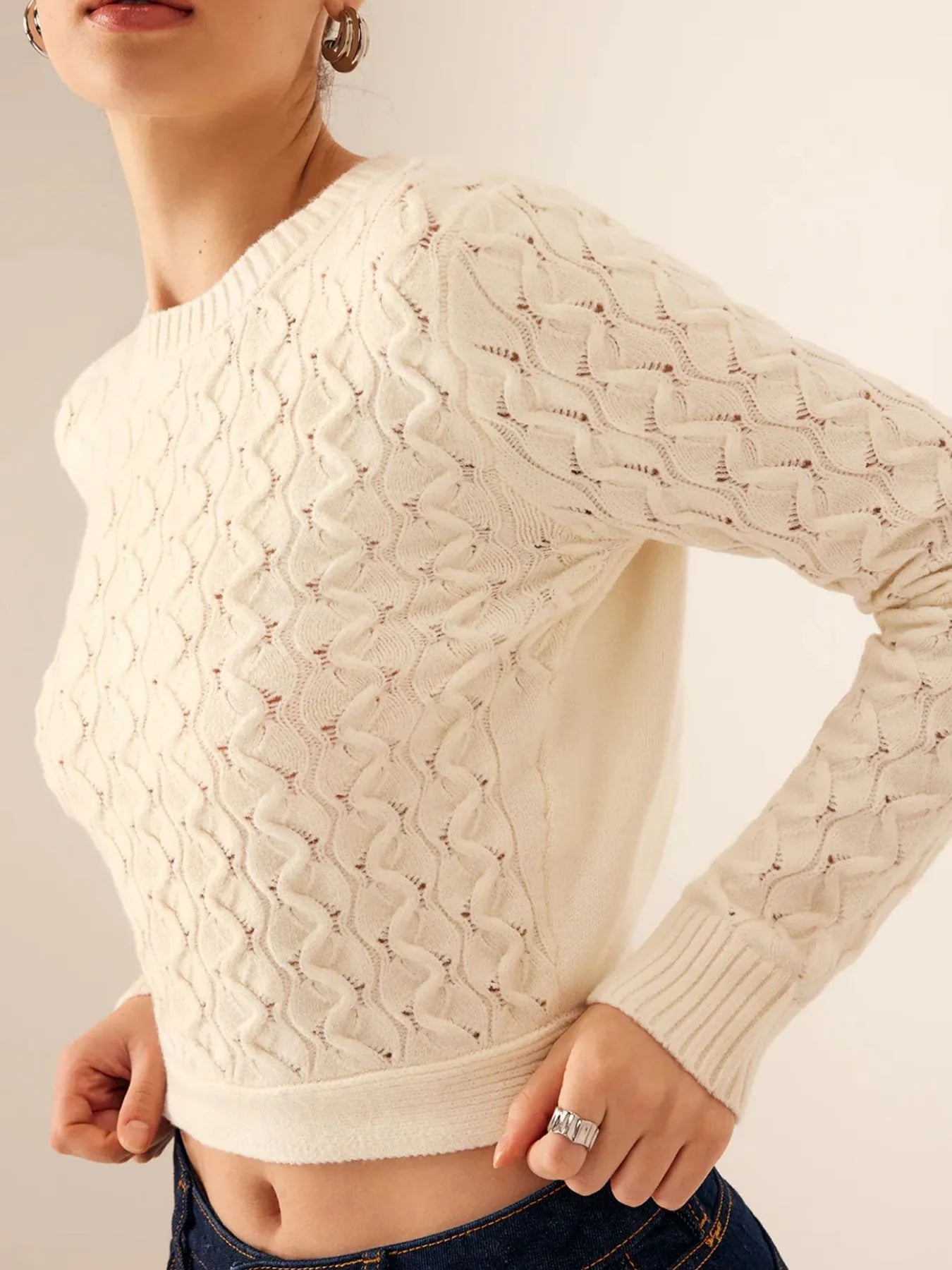 Cutout Bow Back Texture Round Neck Sweater | Body Central