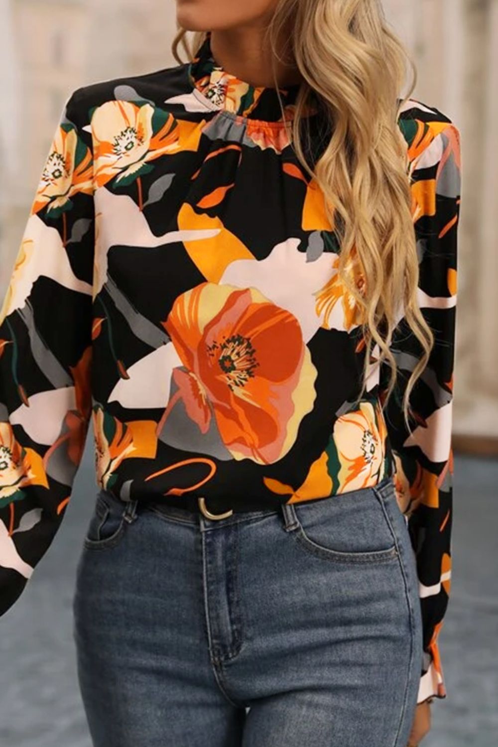 Floral Mock Neck Flounce Sleeve Blouse - Body Central Store