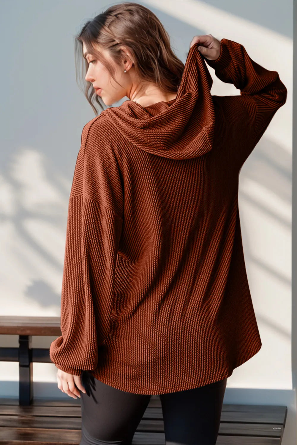 Full Size Half Button Long Sleeve Hoodie | Body Central