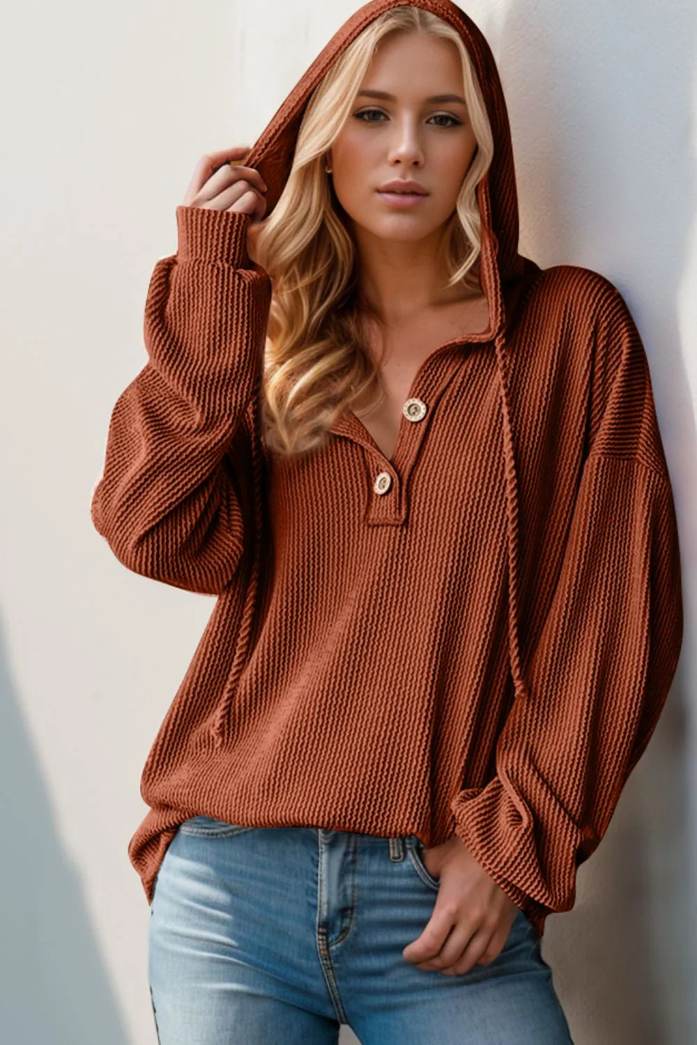 Full Size Half Button Long Sleeve Hoodie | Body Central