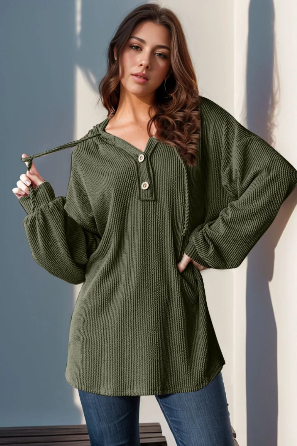 Full Size Half Button Long Sleeve Hoodie | Body Central