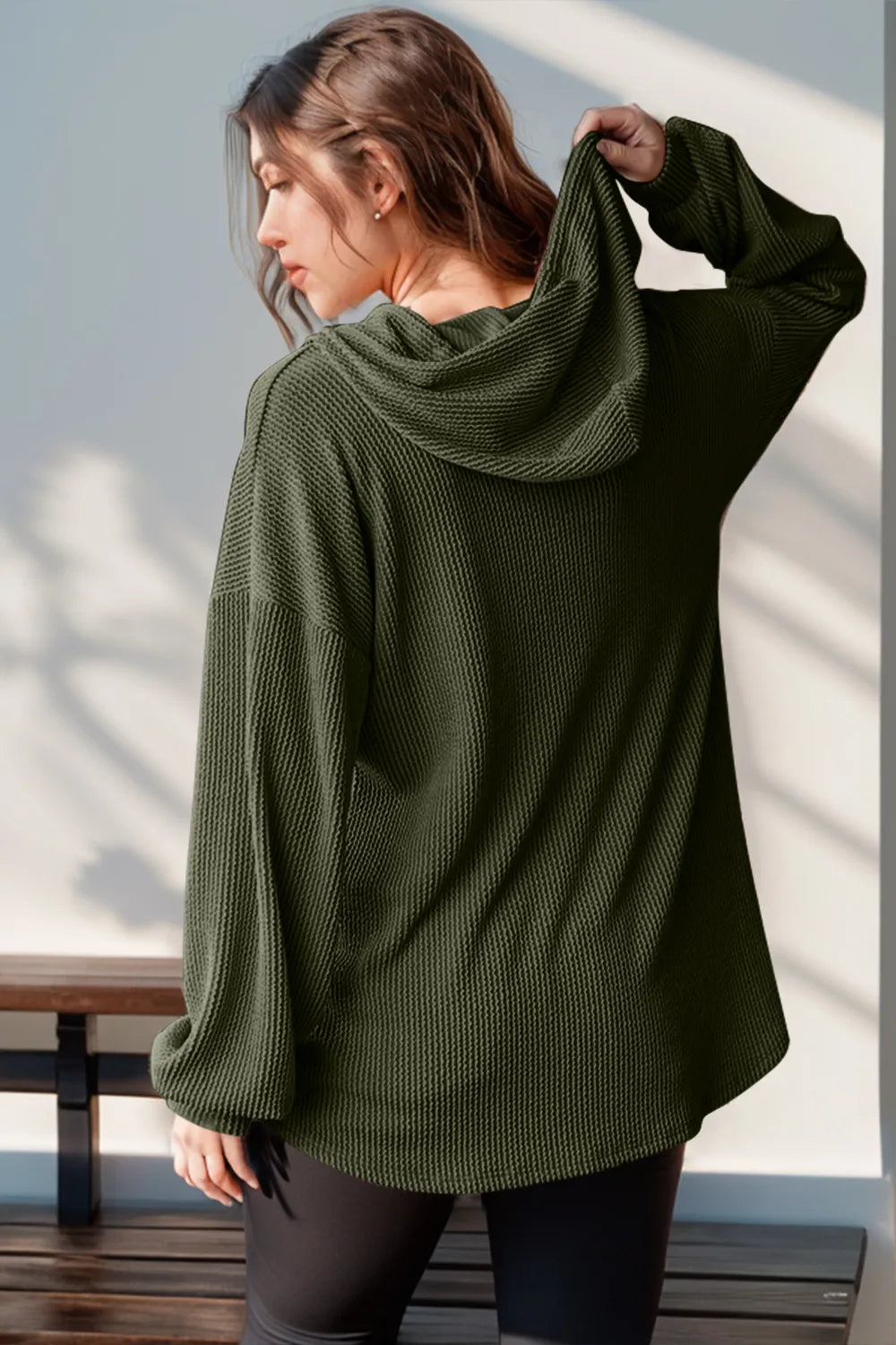 Full Size Half Button Long Sleeve Hoodie | Body Central