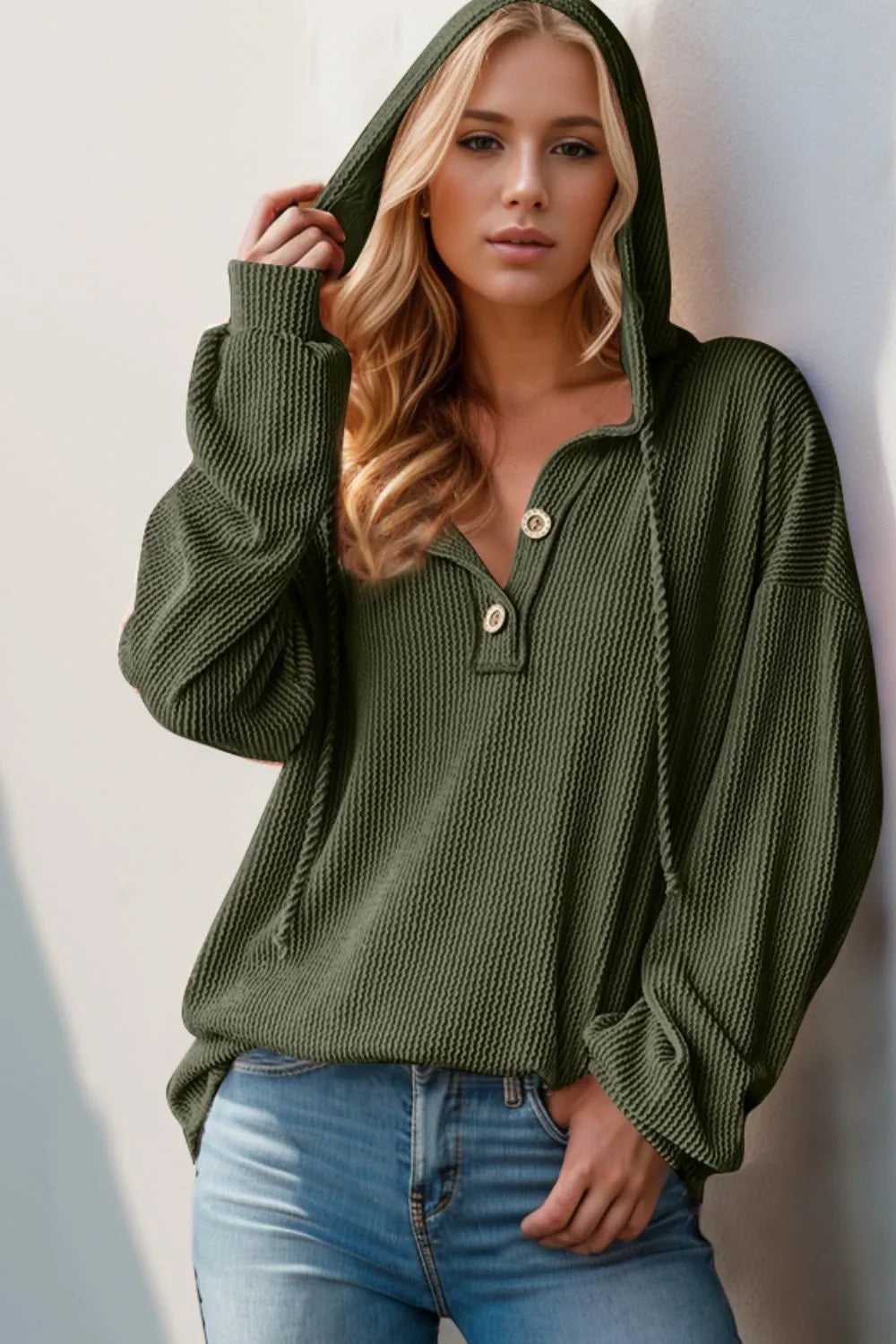 Full Size Half Button Long Sleeve Hoodie | Body Central