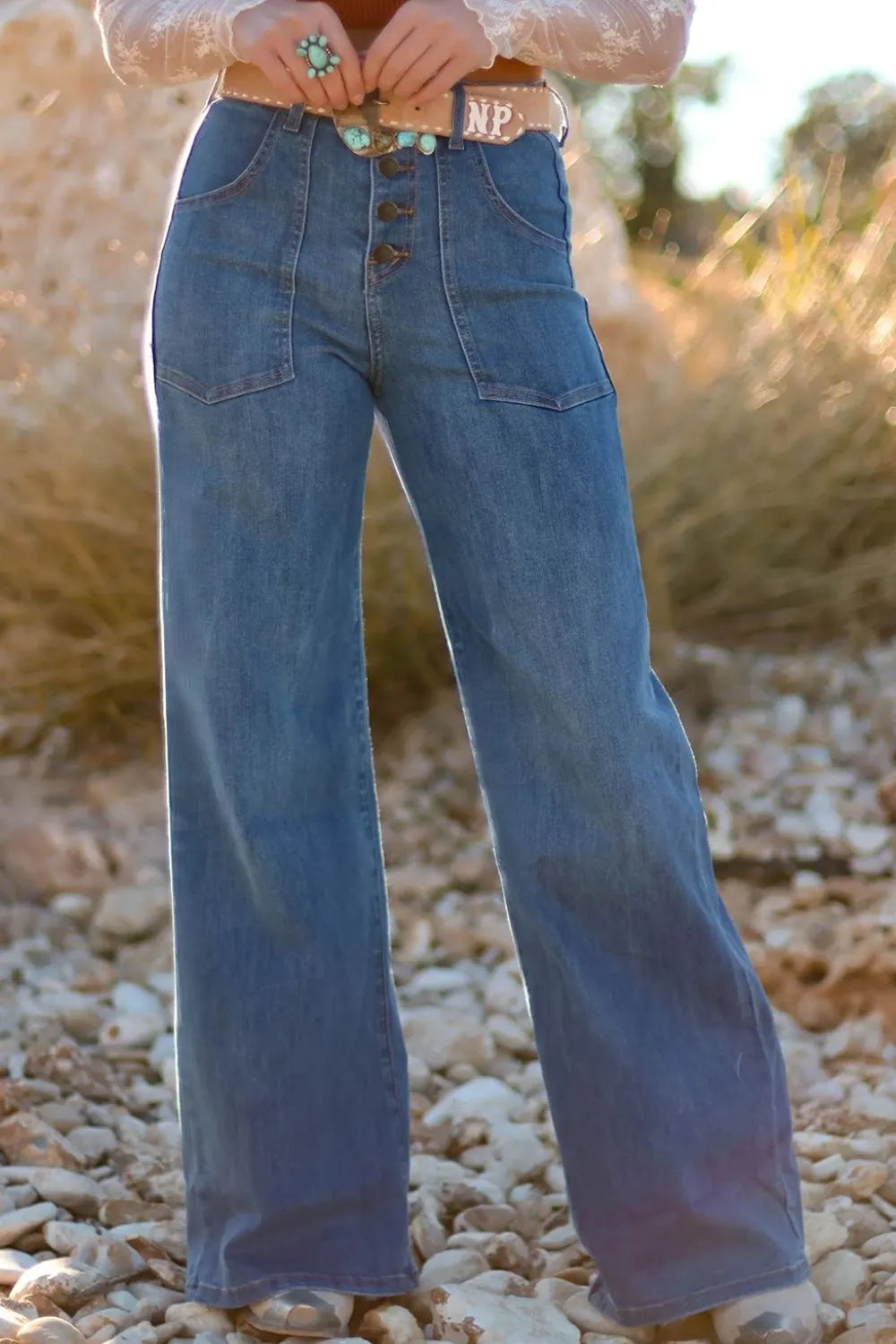 High-Waisted Wide-Leg Button-Front Jeans | Body Central