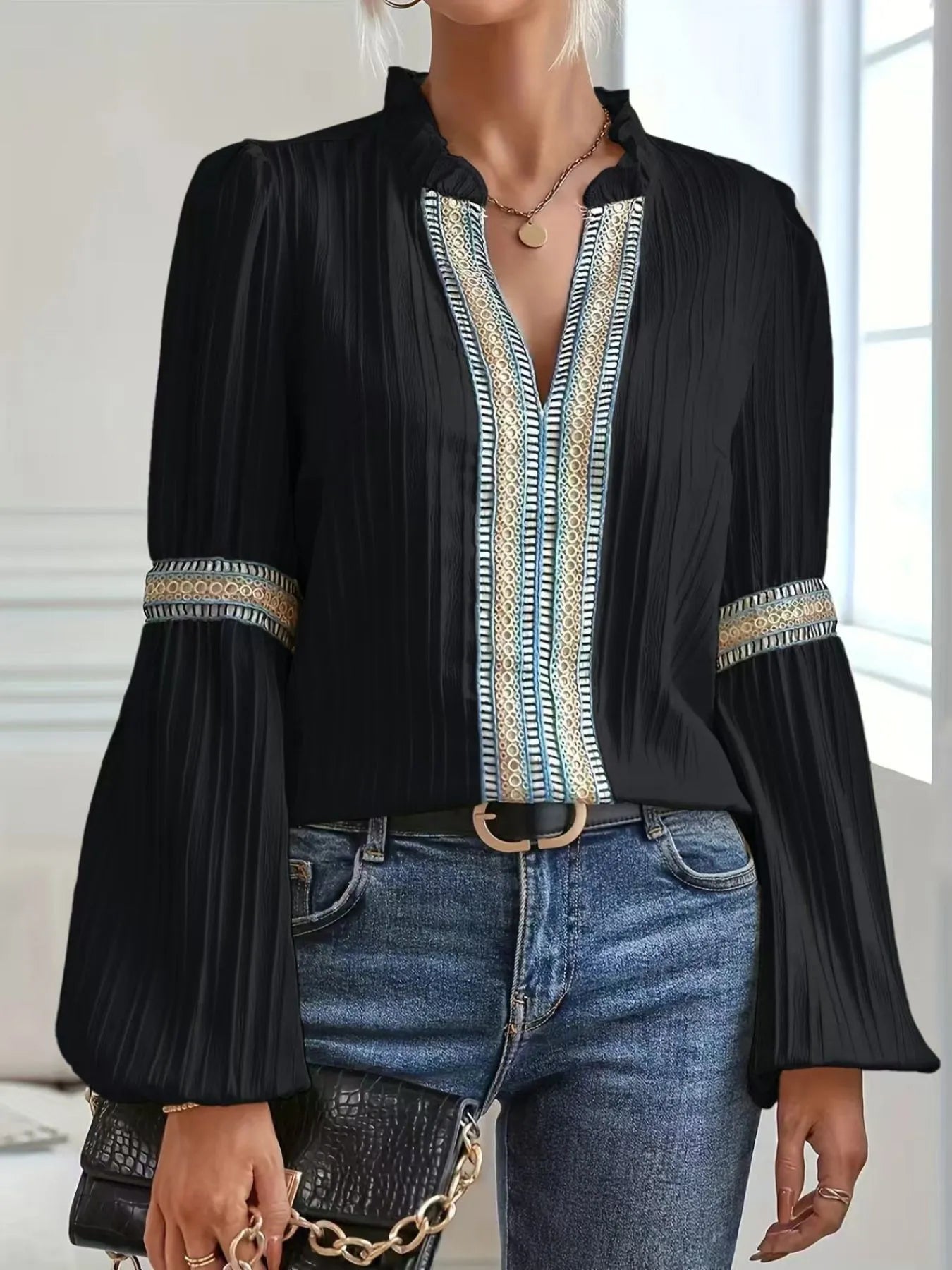 Notched Textured Balloon Sleeve Blouse | Body Central